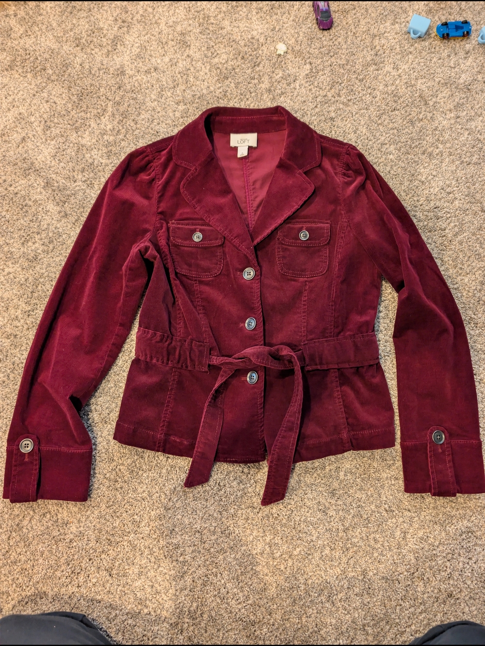 LOFT Burgundy Corduroy Belted Jacket Peplum Utility Blazer Sz 8